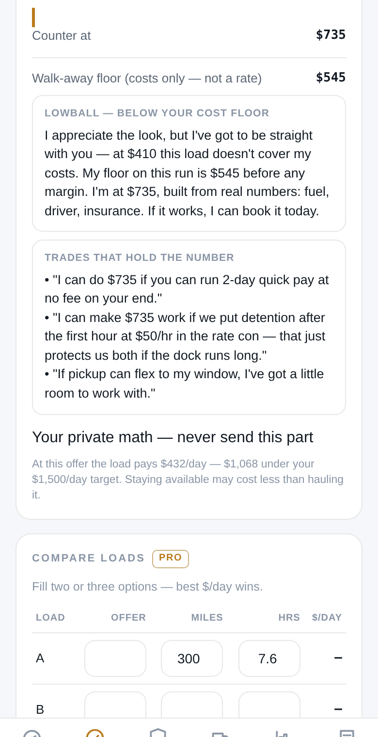 RateAnchor negotiation coach showing a lowball verdict, scripts, trade menu, and the private math divider