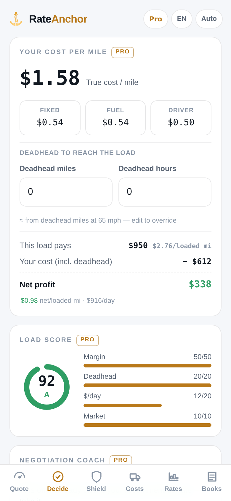 RateAnchor Decide screen with net profit after every cost