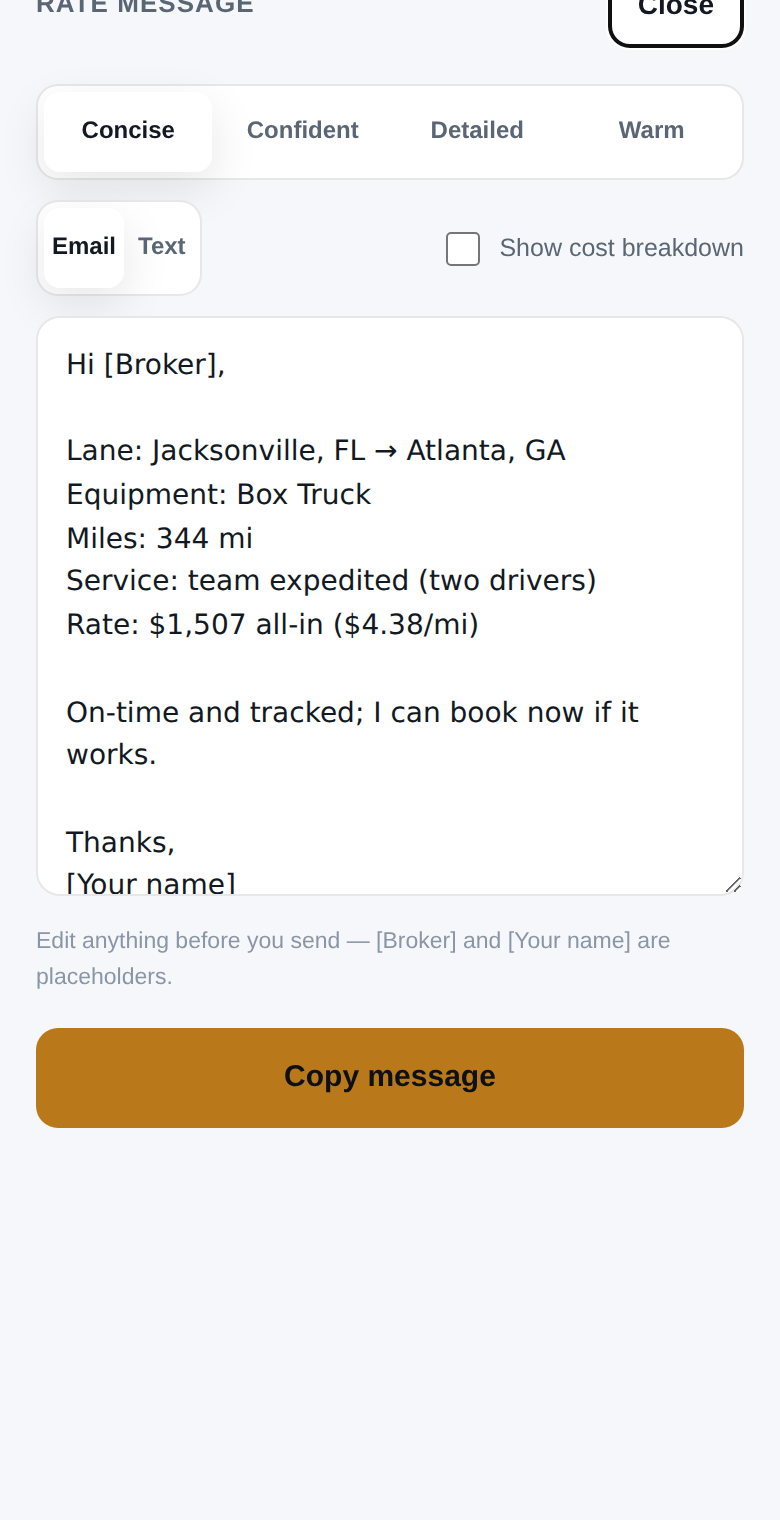 RateAnchor rate justification message with tones, format, and one-tap weather clause