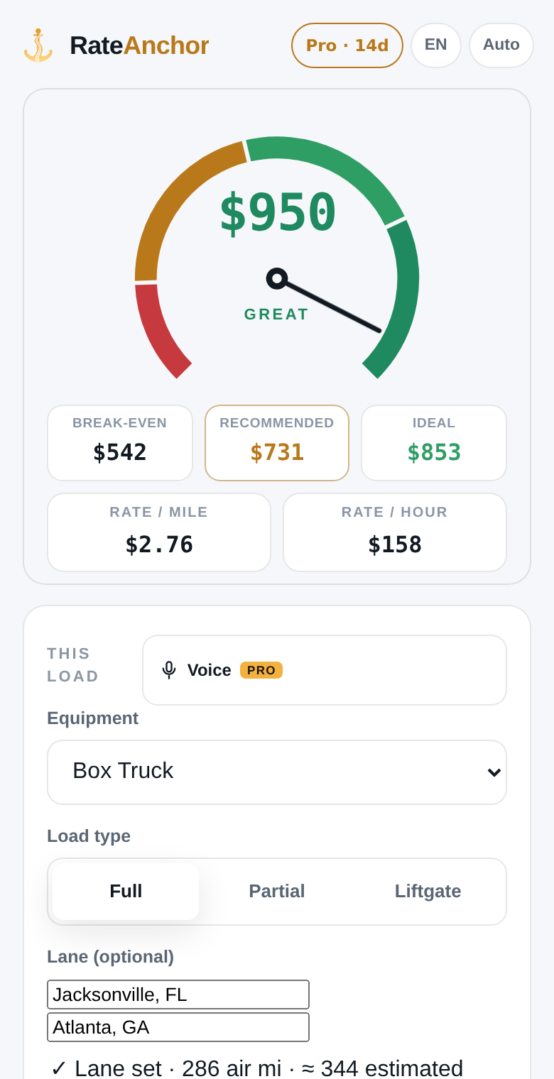 RateAnchor quote screen with validated lane fields, weather chip, and the rate ladder