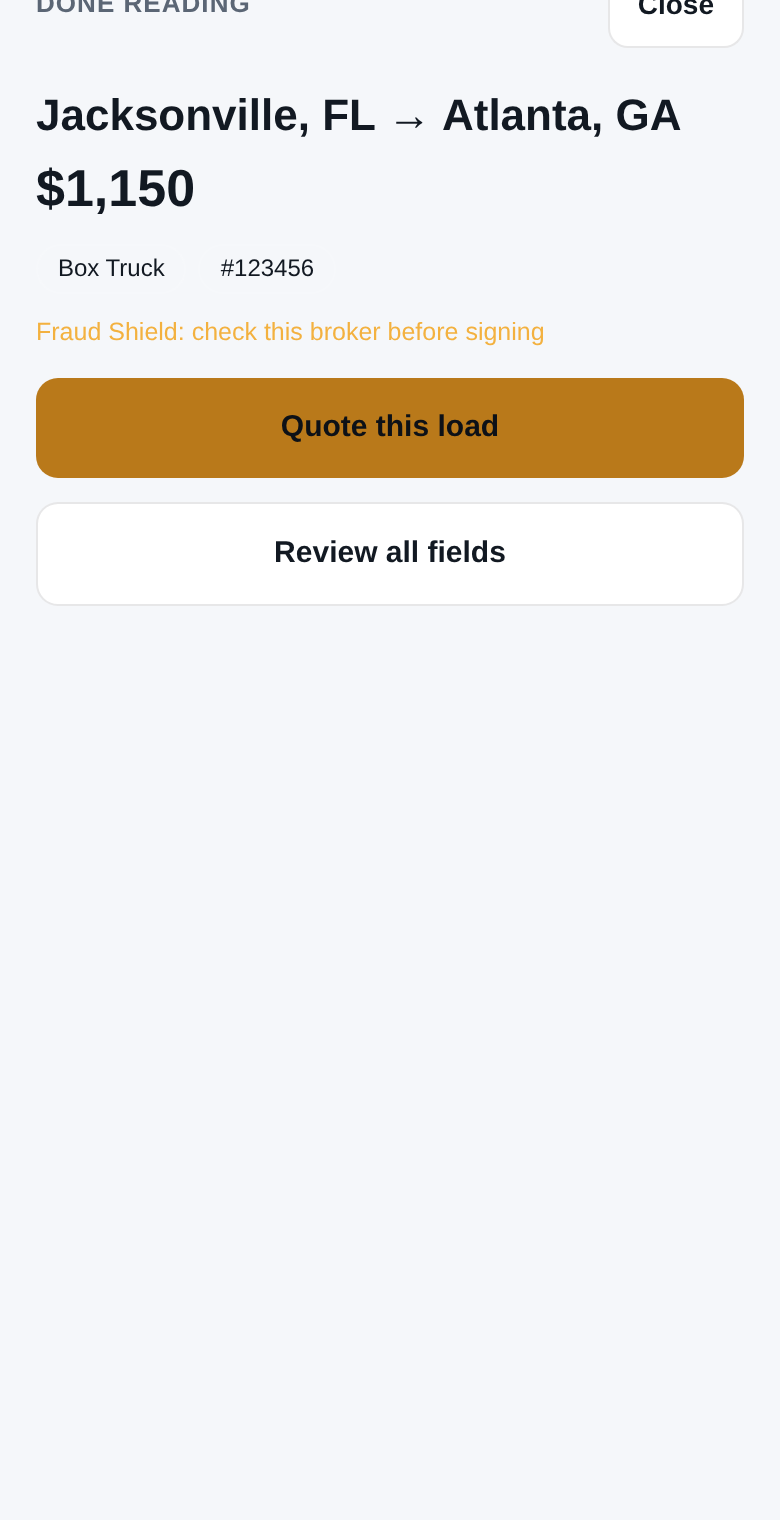 RateAnchor Rate Con Reader confirm screen with extracted lane, rate, and automatic broker check