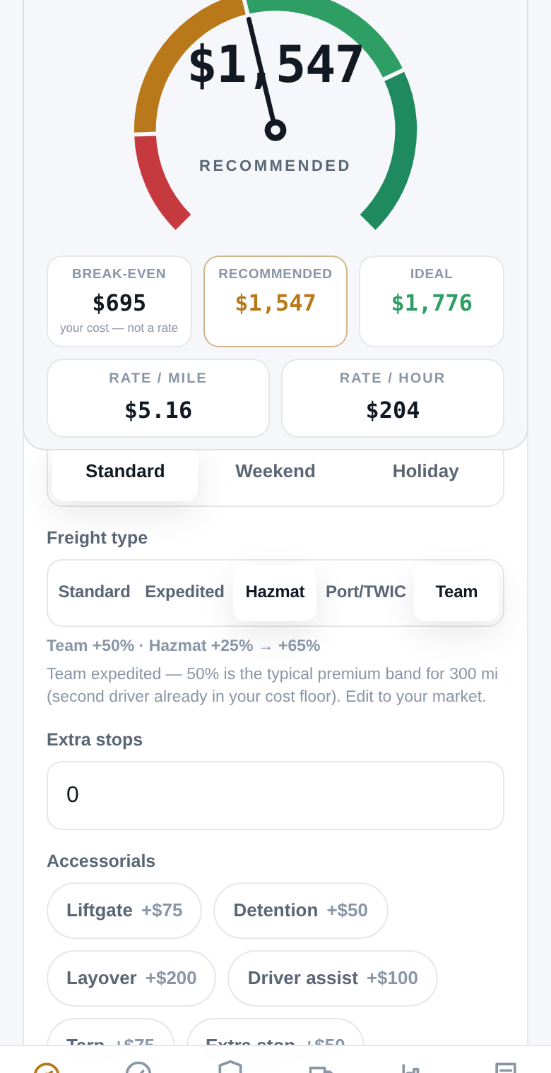 RateAnchor quote screen with the Team freight type selected and the premium chip visible